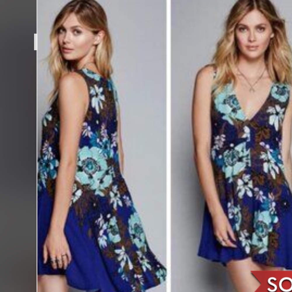 Free People Blue Floral Rayon Backyard Tunic Party Mini Dress.‎ Size XS